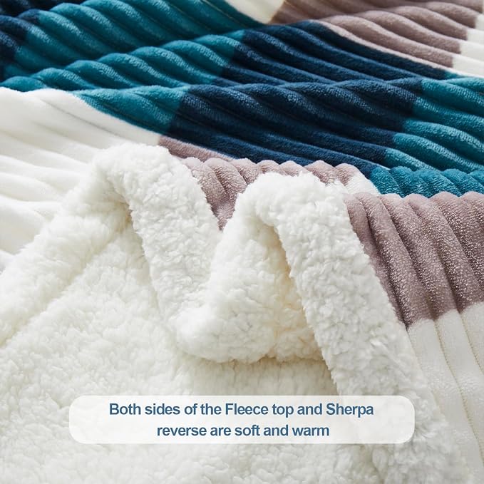 PU MEI Sherpa Blanket Twin Plaid Thick Bed Blanket, 90”*80” Super Soft Flannel Fuzzy Fleece Reversible Velvet Plush Warm Blanket for Couch (Teal Check, 80"*90")