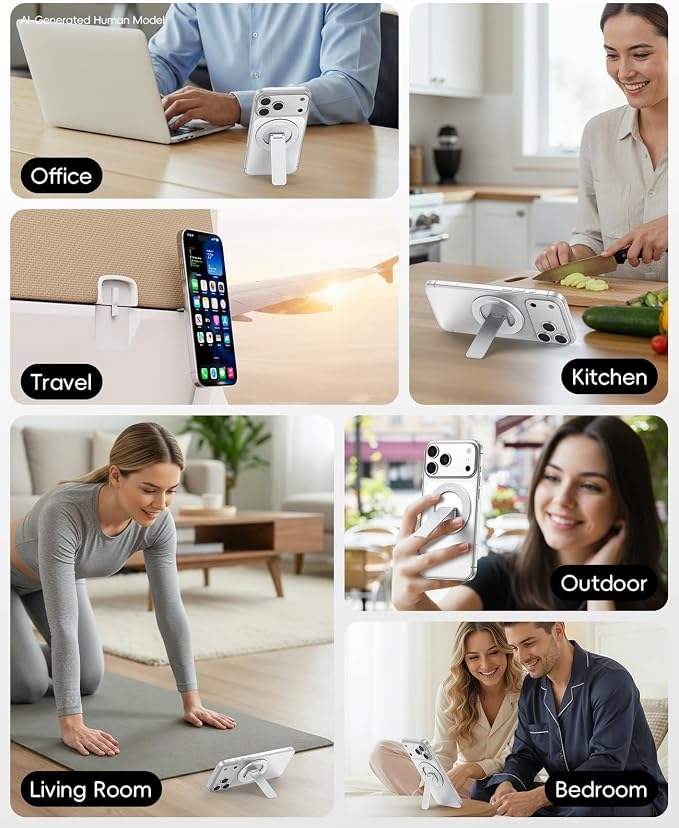 Magnetic Phone Stand Grip, 3-in-1 for MagSafe Phone Holder & Kickstand, Durable Silver Aluminum Grip, Ultra-Slim 2mm, 360�� Rotation, Detachable for MagSafe Charging, Works with iPhone 17���12