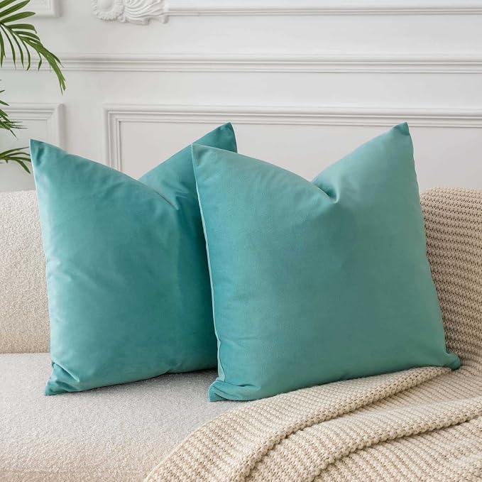 JUSPURBET 16x16 Decorative Velvet Throw Pillow Covers Set of 2,Teal Green | Modern Soft Cushion Covers Cases with Hidden Zipper for Couch Sofa Bed Living Room Bedroom Home Decor