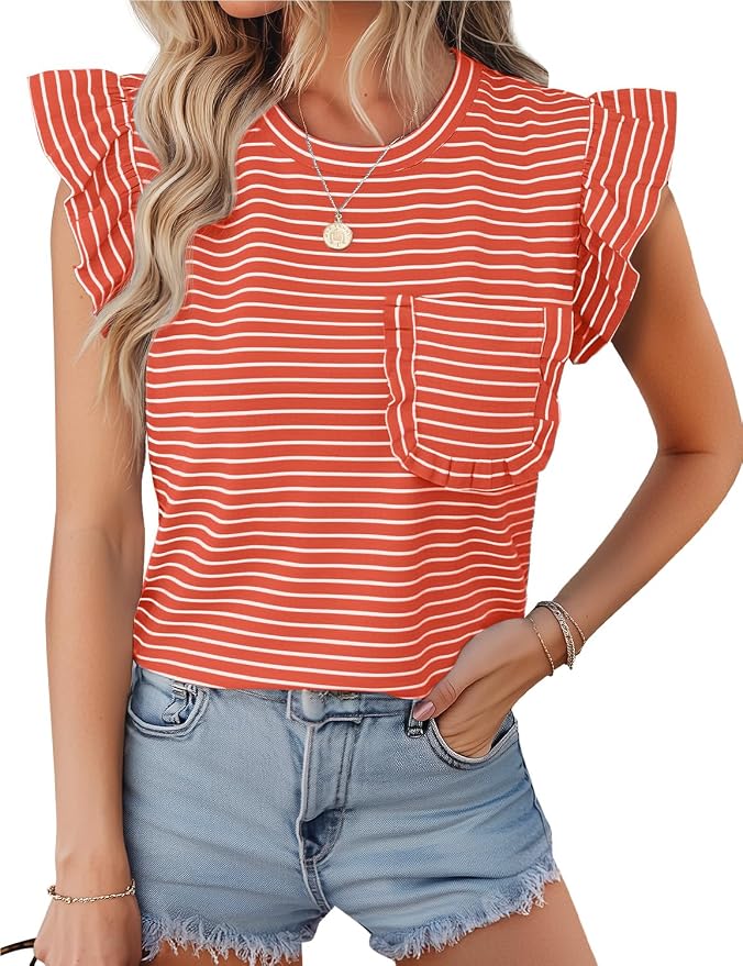 JUSTFASHIONNOW Womens Summer Tops Striped T-Shirts 2026 Ruffle Short Sleeve Crew Neck Casual Blouses with Pocket