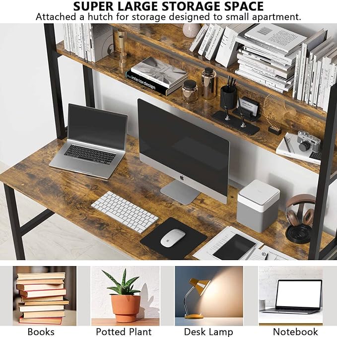 Aquzee Computer Desk with Hutch, 47“W x 23.6" D Desk with Shelves, Tall Home Office Desk with Bookshelf, Metal Legs Study Table with Upper Storage Shelf for Study Writing/Workstation