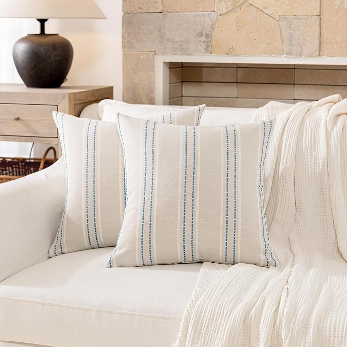 Hckot Striped Throw Pillow Covers 22x22 Set of 2 Lake Blue Pillow Covers | Farmhouse Decorative Pillows Textured Linen Square Cushion Covers for Sofa Couch Bed Living Room Decor(Lake Blue)