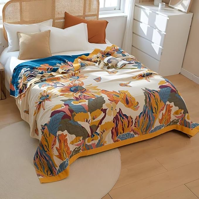 Boho Throw Blanket for Bed 100% Cotton Bohemian Blankets Ultra Soft Woven Muslin Decorative Blankets All Seasons Vintage Quilt Knitted Blanket for Sofa Chair(Yellow, 80"x90")