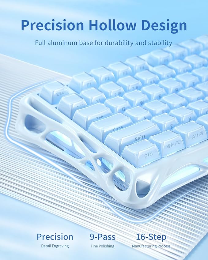 GravaStar Mercury K1 75% Wireless Mechanical Gaming Keyboard RGB Backlit | Gasket Mount, Hot Swappable Linear Switches, Creamy Sound Keyboard, 2.4GHz/USB-C/Bluetooth 5.0, for Win/Mac【Ice Blue】
