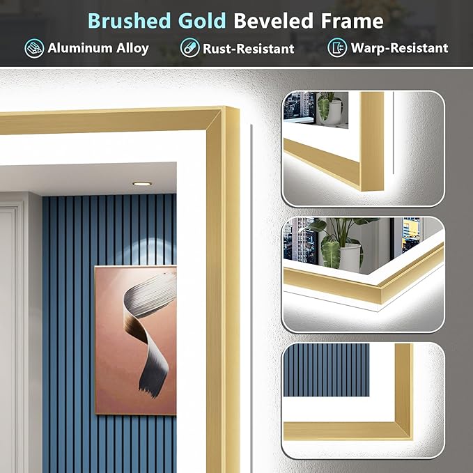 66x36 Gold Beveled LED Bathroom Mirror with Lights, Brushed Gold Framed Backlit and Front Lit Anti-Fog Lighted Vanity Mirrors for Bathroom Wall, Dimmable, 3 Colors, Memory, HD Tempered Glass