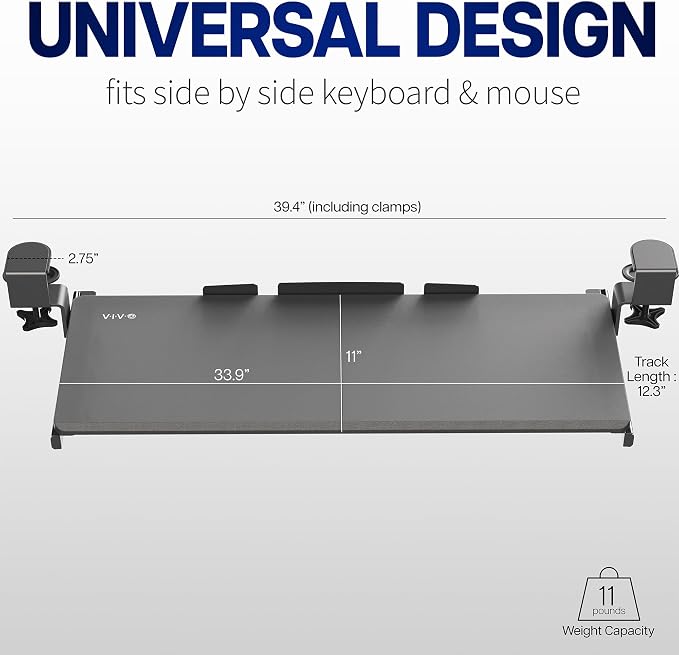 VIVO Vintage Brown Large 34 x 11 in Under Desk Keyboard Tray, MOUNT-KB15EN | Keyboard Tray for Typing, Slide Out Platform, Rustic, Extra Sturdy C-Clamp Mount System, Computer Drawer, Black Frame