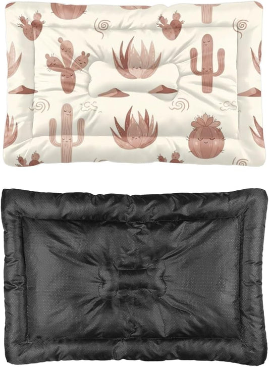 Beige Brown Cute Cactus Dogs Bed Dog Crate Mat Washable Bed Pad Crate for Dogs Washable Non-Slip Pet for Small Dog Beds Pet& Mat Tapete para Perros Indoor Outdoor 24X18 Inch