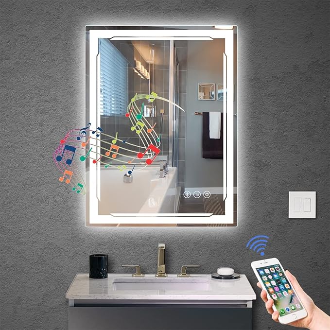 24''X32'' LED Bathroom Mirror with Lights, Built-in Bluetooth Speaker, Anti-Fog Dimmable 3 Lights Setting Backlit + Front Lit, Lighted Vanity Makeup Wall Mirrors, Shatter-Proof IP65 Waterproof