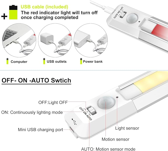 BIGMONAT Motion Sensor LED Night Light,Wireless USB Rechargeable Under Cabinet Lights,Ultra Thin Magnetic Closet Lighting Bar for Kitchen,Stairs,Bedroom (White, 1Pack)