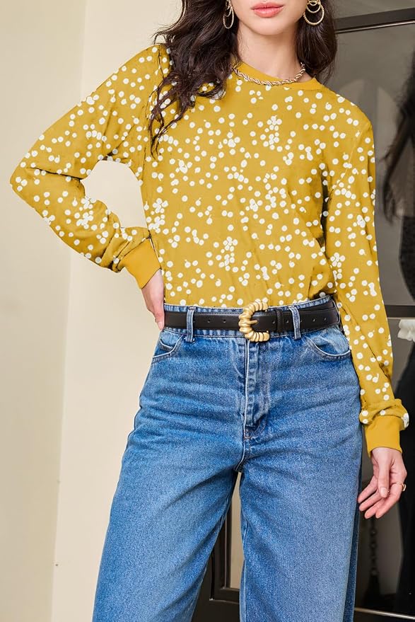 EVALESS Womens Crewneck Long Sleeve Tops Casual Polka Dots Tops Fall 2026 Tshirts Shirts