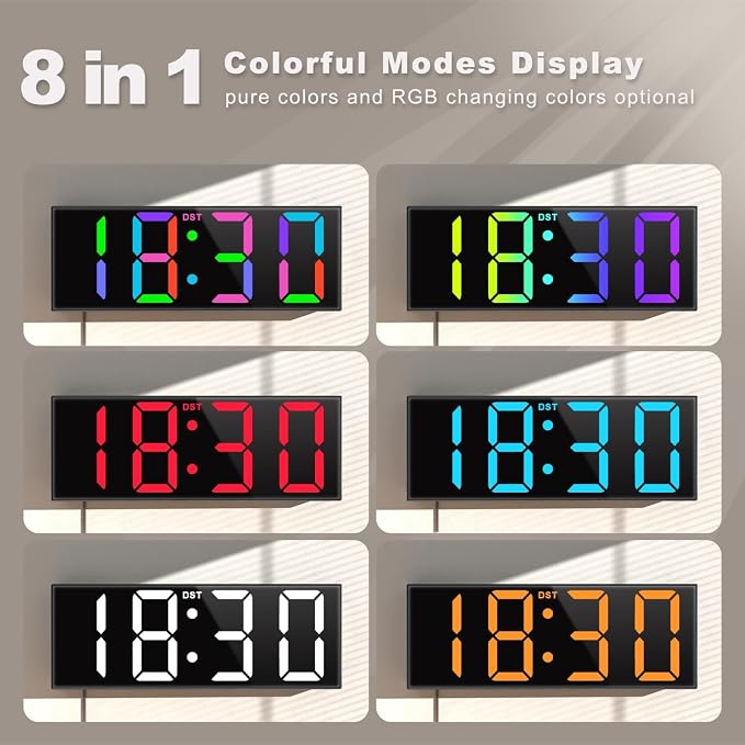 JALL Digital Wall Clock Large Display with Big LED Numbers, Remote Control, 8 RGB Colors, Auto DST, Night Light for Classroom Living Room Bedroom Birthday Gift for Senior, Men Women, Red