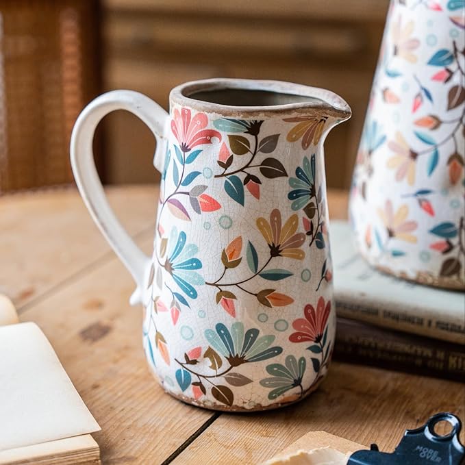 Vintage Colorful Flower Ceramic Vase with Handle, Retro Ice Glazed Crack Farmhouse Pitcher Vase for Home Decor, Living Room, Shelf, Office, Rustic Table Centerpiece 7 Inch