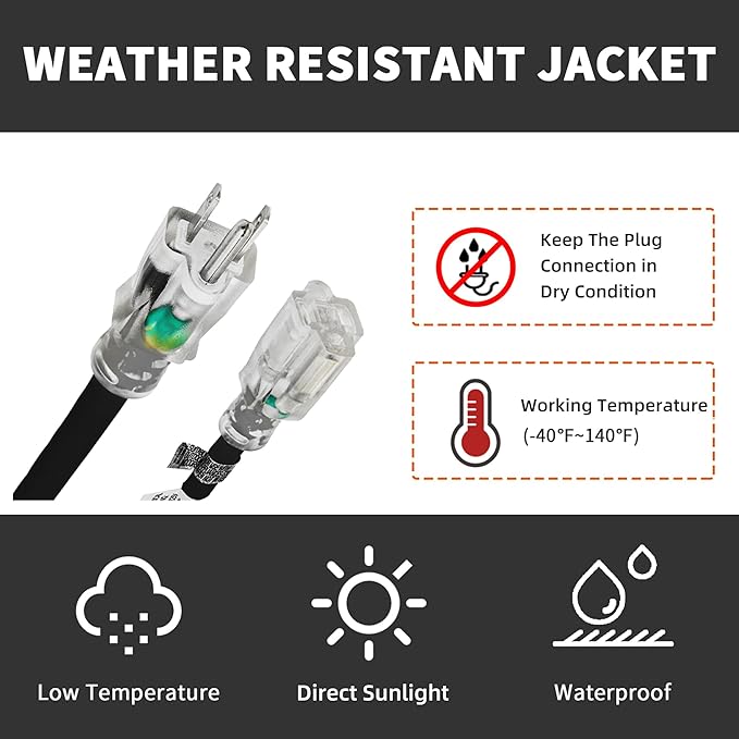 Indoor Outdoor Extension Cord Weatherproof with Lighted End, UL Listed, 10 Gauge 30FT Black 3 Prong Heavy Duty, 10/3 SJTW 15A Power Cord for Outdoor Lights, Lawn