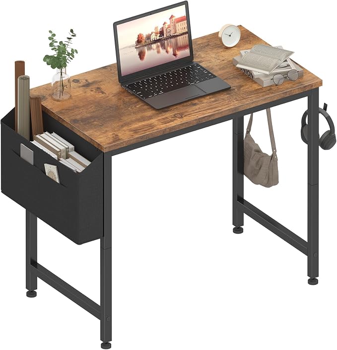 Lufeiya Small Desk for Small Spaces, 32 Inch Kids Girls Study Writing Desks for Bedroom, Simple Modern Laptop PC Little Side Table with Storage Bag Headphone Hooks, Rustic Brown