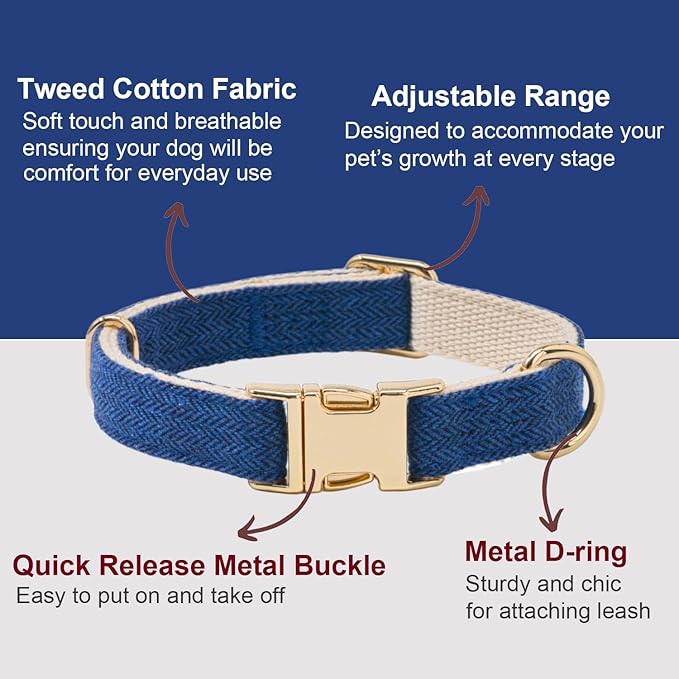 Soft Cotton Hemp Dog Collar with Metal Buckle Adjustable Tweed Dog Collars for Small Medium Large Dogs(Royal Blue,Large)
