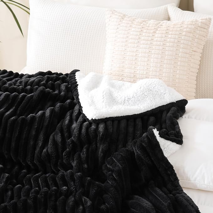 Black Sherpa Fleece Throw Blanket 108”×90”for Couch Sofa Bed | Double Side Soft Fuzzy Cozy Plush Thick Flannel Blanket with Striped Design Gift for Adults,Woman