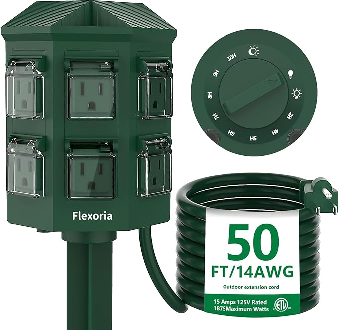 Outdoor Power Strip Timer Waterproof, Dusk to Dawn Light Sensor Countdown, 50 Feet Extension Cord, 6 Grounded Outlets for Graden and Yard Decorations, ETL Listed