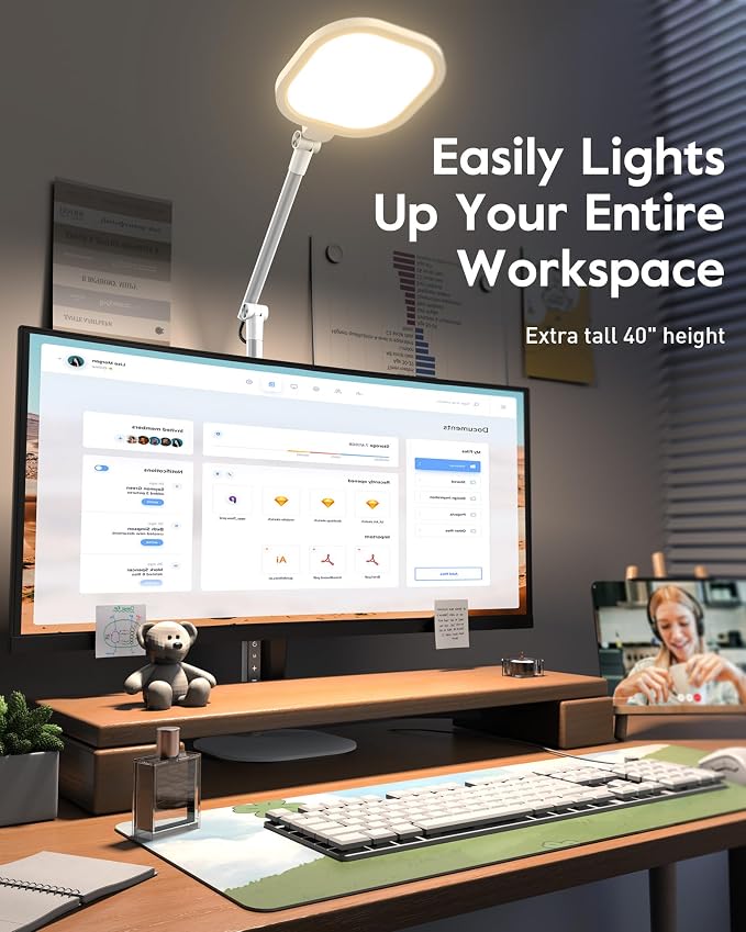 LitONES Tall LED Desk Lamps with Base, Edge-Lit Eye-Care, 50 Light Modes | 40" Height, Dimmable & Flexible, CRI>97.8, Memory and Timer Func, Stable Mental Base for Home Office, Video Calls & Drafting