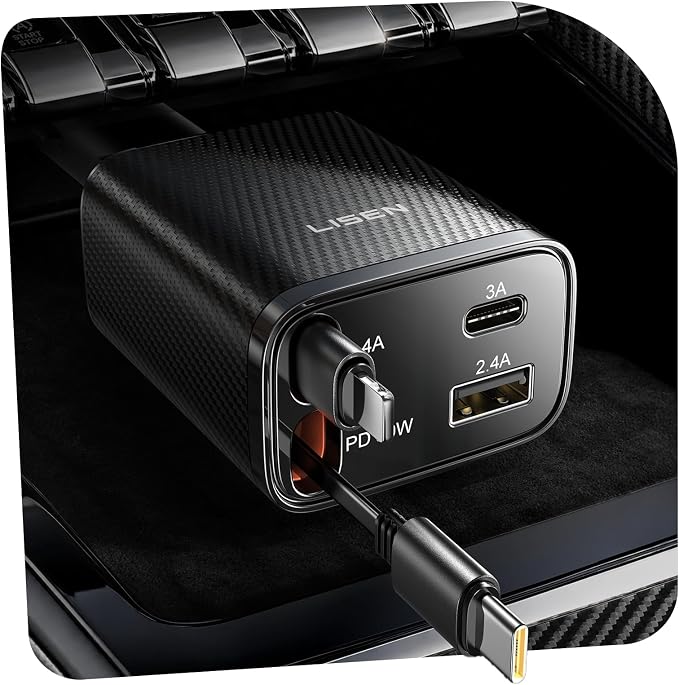 LISEN Retractable Car Charger, 84W Car Charger USB C Fast Charger Adapter, Car Accessories for Men Women, Gifts for Fathers Day for Men Dad Husband, for iPhone 17 16 15 14 13 12 Pro Max, Carbon-Black | Car Accessories, Compatible with iPhone 17 16 15 1...