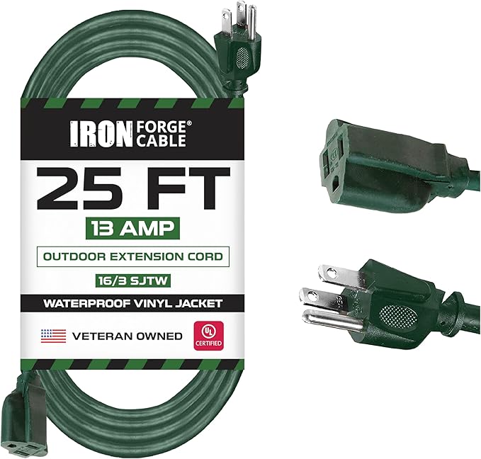 Iron Forge Cable Weatherproof 25 Ft Outdoor Extension Cord - 16/3 SJTW Heavy Duty Green Extension Cord 3 Prong - 13 Amp Exterior Power Cable