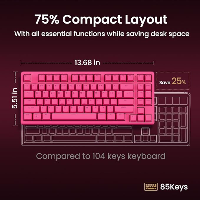 Kisnt KN85 Wireless Silent Mechanical Keyboard, 75% Layout, Bluetooth/2.4GHz/USB-C, Custom RGB Backlit, Hot Swappable, Quiet Typing for Windows/Mac/PC (Berry Red)