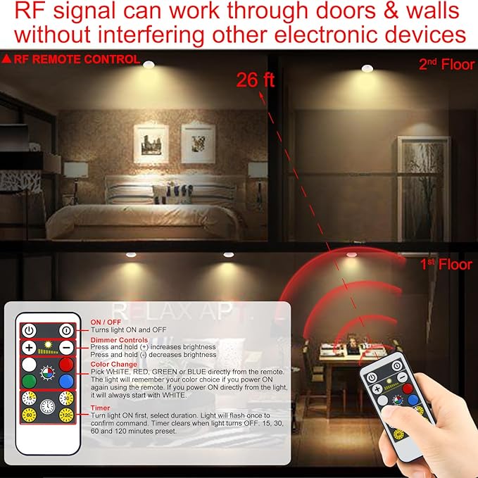 Wireless LED Puck Lights with RF Remote(6-Pack), Battery Operated Under Cabinet Lights, Color Changing Stick On Lights,Dimmable Tap Light with Timmer for Closet Bedroom Kitchen Drawer Counter
