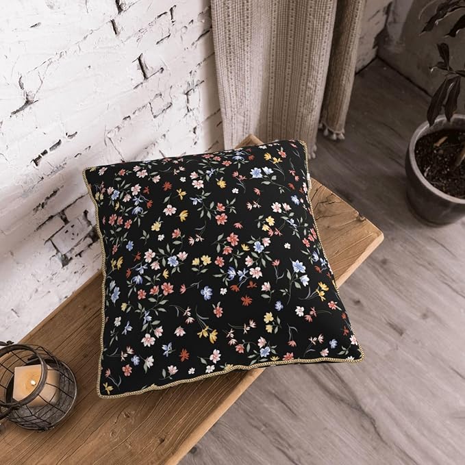 Black Floral Velvet Pillow Covers 18x18 Inch Vintage Colorful Wildflower Throw Pillows For Couch Farmhouse Cushion Covers Pillowcase Spring Summer Plant Pillow Cases For Sofa Bed Outdoor Decor
