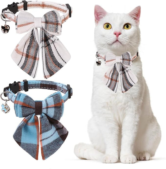 Cat Collar with Bells Breakaway, Bowtie Cat Collar for Boy Girl Cats with Removable Bow Tie Collar, Cute Plaid Kitten Collar with Bell & Pendant Adjustable, 2 Pack Pet Collars for Cats Puppy