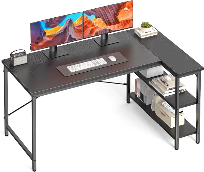 DUMOS L Shaped Computer Desk, 47" Gaming Corner Desks with Shelves | Home Office PC Table, Writing Working Study Desk with Reversible Layout, Bedroom Dorm, Black