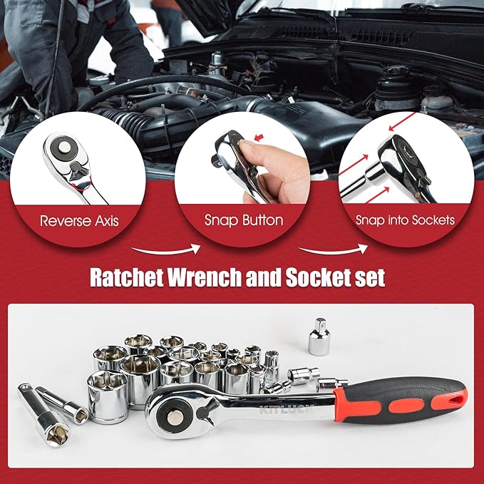 KITLUCK 228-piece Home Tool Kit, Household Hand Repair Tool Set for men, Portable Tool box Set with Tools (Screwdriver, Wrench, Plier, Socket, Harmer, Hex Key, Rule, Saw, Knife, etc.) for Home and Car
