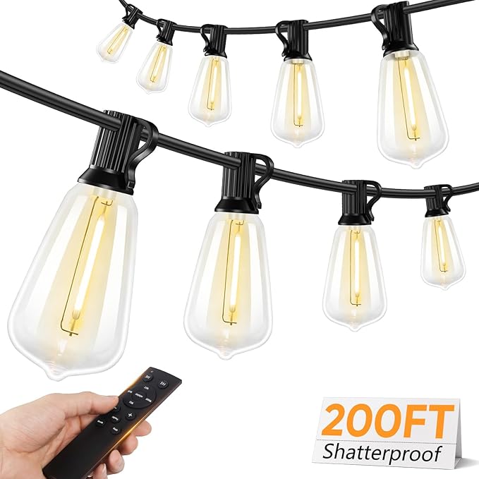 Brightever Outdoor String Lights with Remote, 200FT LED Patio Lights with 62 ST38 Shatterproof Vintage Bulbs, Dimmable String Lights for Outside, Waterproof IP65 Outdoor Lighting for Balcony, Camping