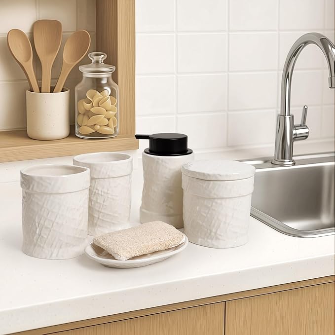 White Bathroom Accessory Set 5PCS, Ceramic Bathroom Accessories Set, Minimalist Textured Design Liquid Soap Dispenser Set Complete, Home Bathroom Decor Vanity Countertop, ANTIS'S HOME