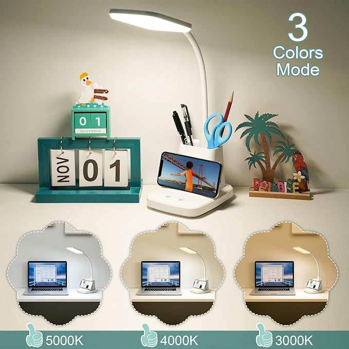 LED Desk Lamp with 10W Wireless Charging & Pen Holder, Snow White | CRI 95, 800LM, Stepless Dimming, 3 Modes, 360°Flexible Arm, Touch, Study Table Lamp for Home Office, Dorm Room, with Adapter