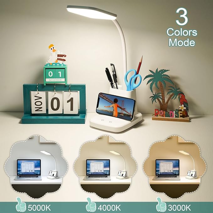 Upgraded 10W Wireless Charging LED Desk Lamp with Pen Holder, White | CRI 95, 800LM, Stepless Dimming, 3 Modes, 360°Flexible Arm, Touch, Study Table Lamp for Home Office, Dorm Room, with Adapter