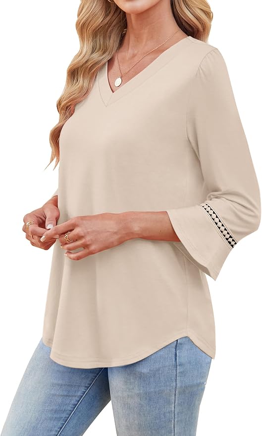 WIHOLL Womens Blouses Dressy Casual 3/4 Length Sleeve Tops Lace Trendy 2026 Spring Summer V Neck Shirts Vacation Outfits