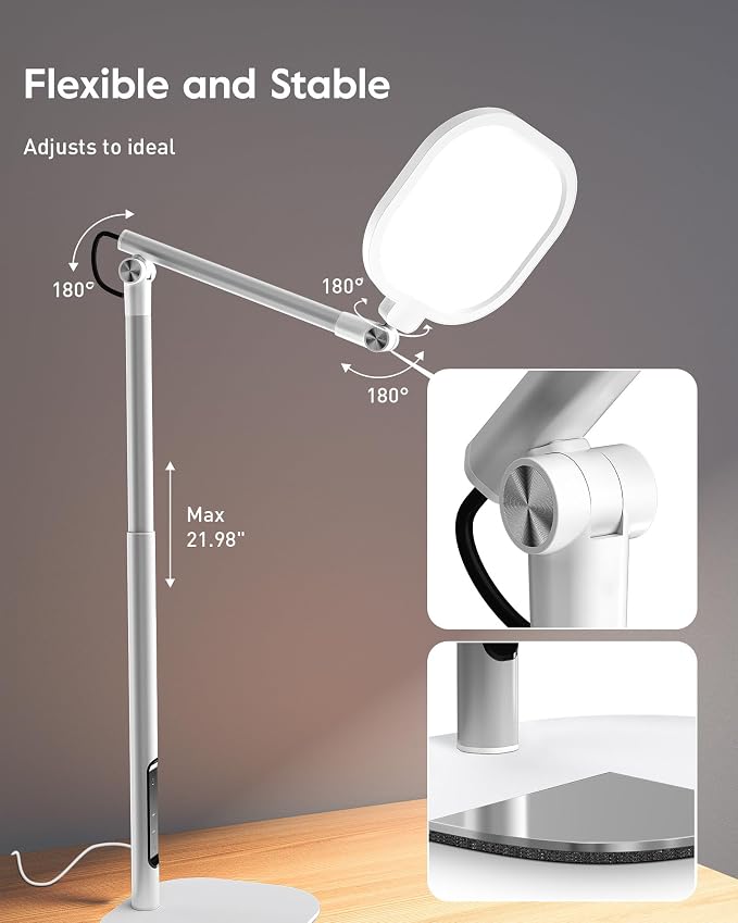 LitONES Tall LED Desk Lamps with Base, Edge-Lit Eye-Care, 50 Light Modes | 40" Height, Dimmable & Flexible, CRI>97.8, Memory and Timer Func, Stable Mental Base for Home Office, Video Calls & Drafting