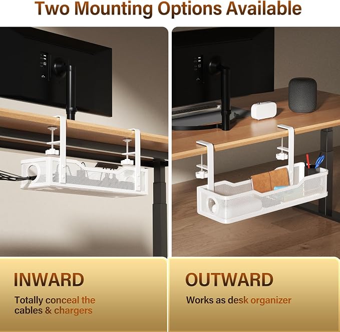 [Upgraded] 2 Pack Under Desk Cable Management Tray, Cinati Cord Organizers for Table Thickness up to 3", 16" Wire Organization with Clamp No Drill, Cable Management Box for Office - No Damage to Desk