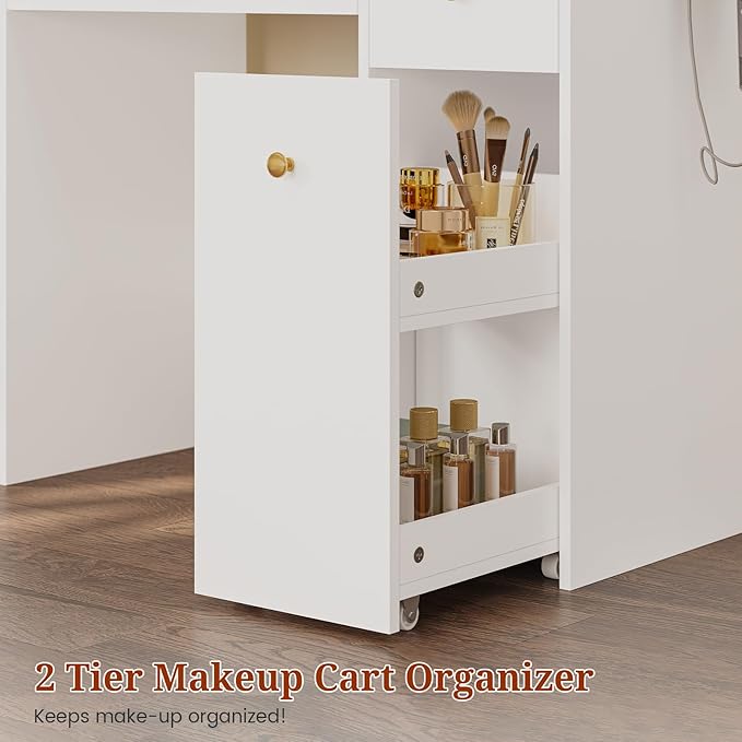 49.3“Large LED Mirror with Lights,Makeup Vanity Desk with 6 Drawers,Power Outlet,Glass Tabletop,Storage Shelf,Rolling Makeup Cart,Hairdryer Rack White