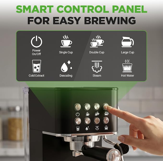 NutriChef 20-Bar Espresso Maker With Milk Frother | Removable 1.8 Quart Water Tank | Coffee Maker for Brewing Espresso, Cappuccino, Latte, Americano & Cold Brew Coffees | Black