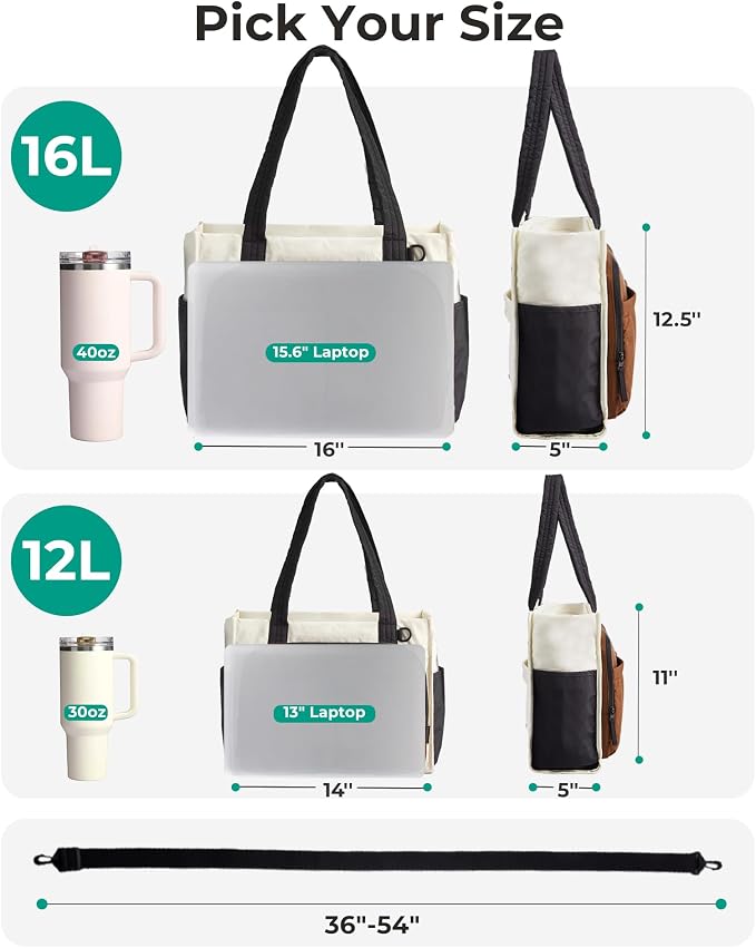 BAGSMART Small Tote Bag for Women, 13'' Laptop Canvas Work Bag with Zipper | 30oz/40oz Tumble & 11 Pockets Travel Tote, Teachers/Nurses, Lightweight Canvas or Water-Resistant Puffer Taslon Crossbody Bag
