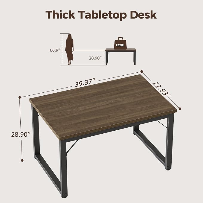 Mericonia 40 Inch Computer Desk, 1" Thick Small Office Table, Walnut | Modern Simple Style, Heavy Duty Industrial Frame, Small Study & Writing Table for Home Bedroom Work