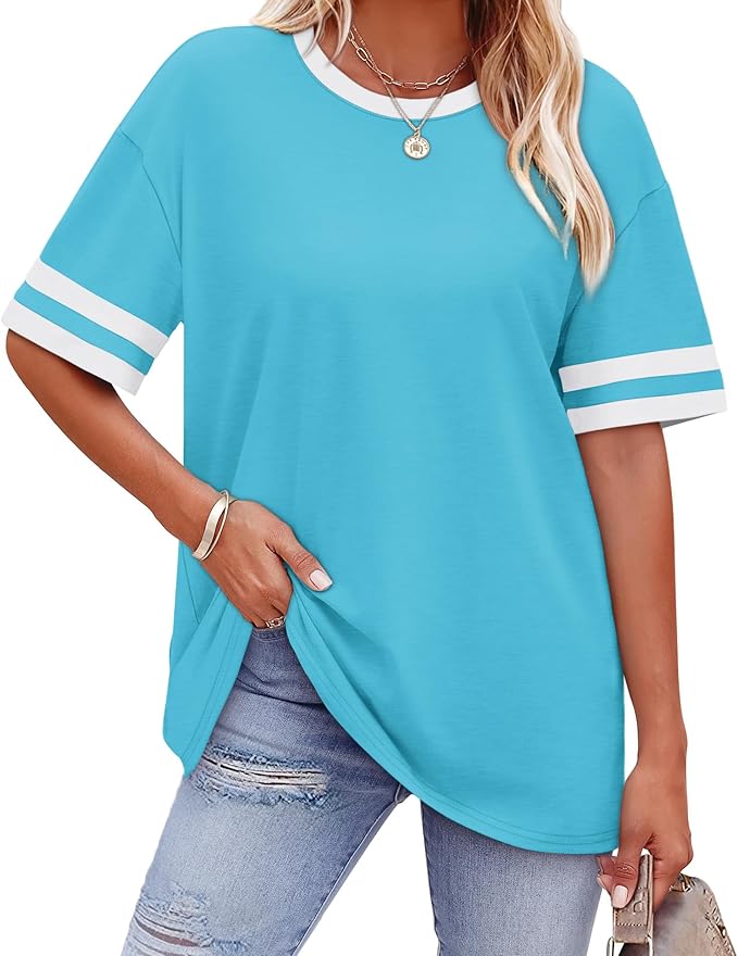 WIHOLL Womens T Shirts Loose Fit Short Sleeve Tees Crew Neck Color Block Summer Tops 2026 Fashion