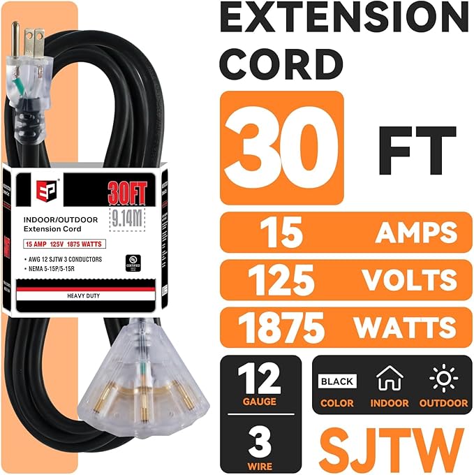 EP 30 Ft 12 Gauge Heavy Duty Extension Cord, 15A 125V 1875W, 3 Outlet Indoor/Outdoor Power Cord with Lighted End, 12/3 SJTW Weatherproof Black