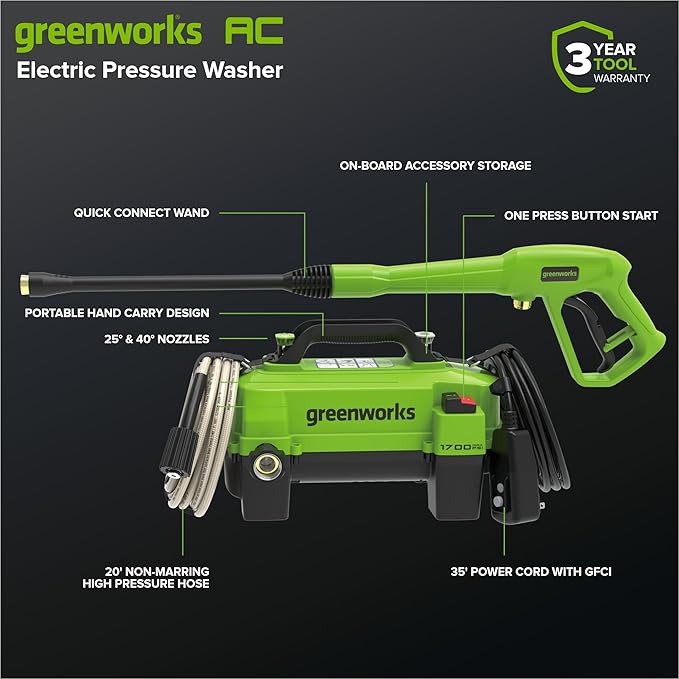 Greenworks 1700 PSI and 1.2 GPM Pressure Washer - Ultra Compact & Lightweight, Ideal for Cleaning patios, Decks, Sidewalks, Outdoor Furniture, Bikes, Cars, and Small Driveway Areas.
