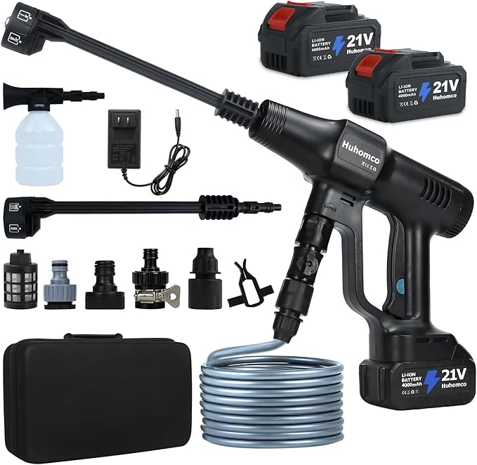 Cordless Pressure Washer Battery Powered; 1200PSI Cordless Power Washer with 6-in-1 Nozzle, 16.4FT Kink-Free Hose, 2×4.0Ah Batteries; Portable Power Wash for Home Car Garden Patio (Black)