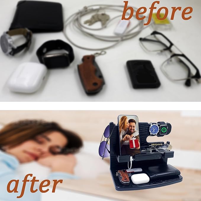 Gifts for Men Dad Women Husband Boyfriend Him Nightstand Organizer for Men Wood Phone Docking Station Birthday Gifts (Black)