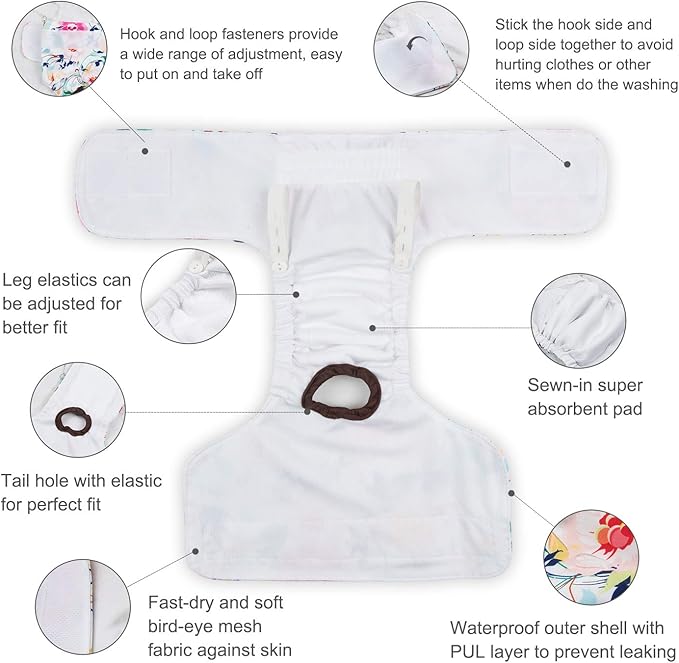 CuteBone Dog Diapers Female Washable Small Medium Large 3 Pack Reusable Doggie Diapers Puppy Period Pants for Doggy Heat Cycle Peeing D36M