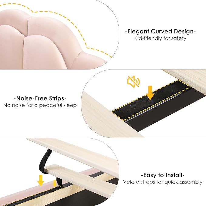HIFIT Full Size Upholstered Smart LED Bed Frame with 2 Storage Drawers and Adjustable Chic Double Petal Headboard, Princess Platform Bed for Girls, Solid Wood Slats Support/No Box Spring Needed, Pink