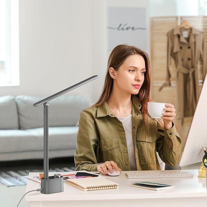 Honeywell H01 Pro Compact LED Desk Lamp with A+C Charging Port | CRI≥95, 3000K-5500K,Low Blue Light, Flicker-Free, Modern Desk Light for Bedroom, Grey