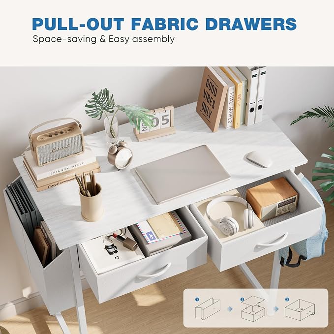 OLIXIS 32 Inch Small Desk, Computer Desk, Home Office | Fabric Drawers, Side Bag, Headphone Hook, Writing Study Work Table, Bedroom, Natural White